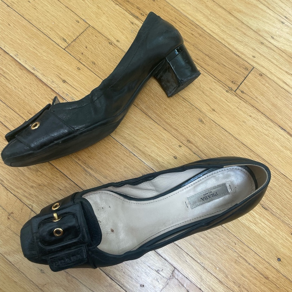 Prada Black Heels with Block Heel and Buckle Detail